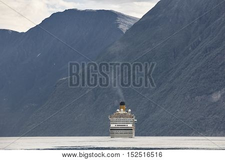 Norwegian fjord landscape. Storfjorden. Hellesylt Geiranger cruise travel. Tourism