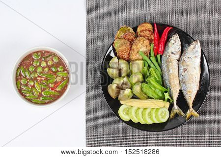 Thai local popular food as spicy shrimp paste dip ,