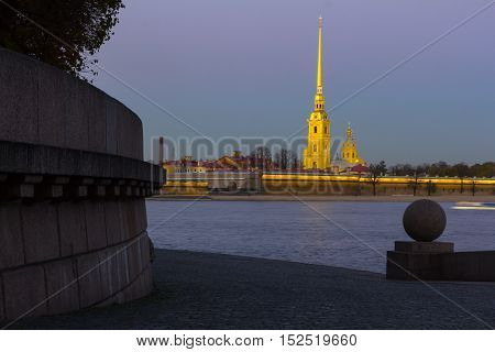 view of the Peter and Paul Fortress with the Spit of Vasilyevsky Island in St. Petersburg