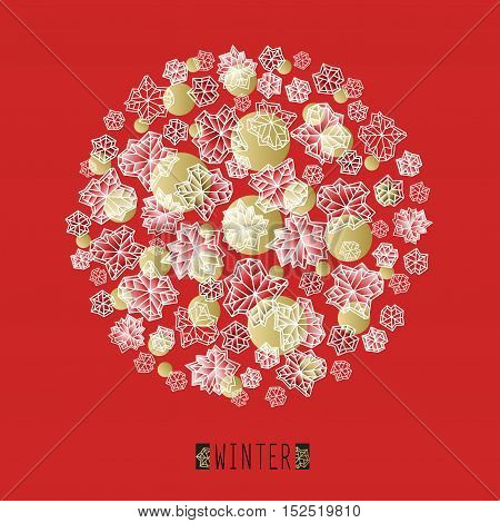Round shape design. Winter polygonal trendy style snowflakes on red and gold background. Winter holidays snowfall concept winter label. Fall snowflake snow red white vector illustration stock vector.