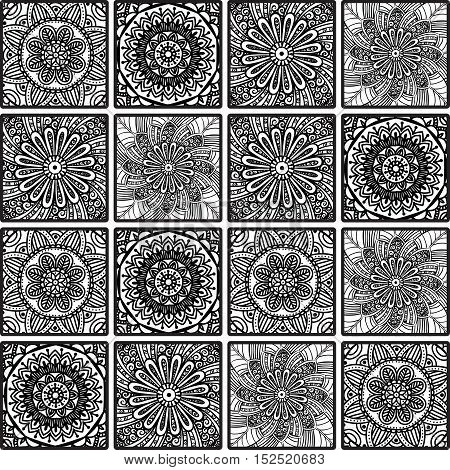 Colorful floral seamless pattern from squares with mandala in patchwork boho chic style, in portuguese and moroccan motif. Hand drawn vector stock illustration