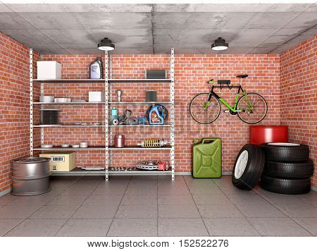 Interior garage with tools equipment and wheels. 3d illustration.