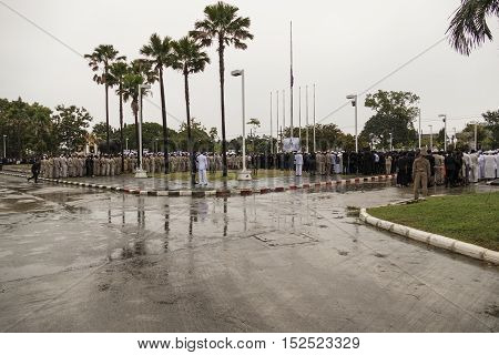 KRABI THAILAND - OCTOBER 19 2016: Krabi official pay respect to the deceased King Bhumibol Adulyadej at Krabi Provincial Hall on October 19 2016 in Krabi Thailand.