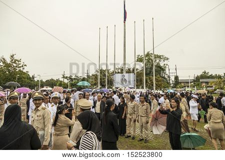 KRABI THAILAND - OCTOBER 19 2016: Krabi official pay respect to the deceased King Bhumibol Adulyadej at Krabi Provincial Hall on October 19 2016 in Krabi Thailand.