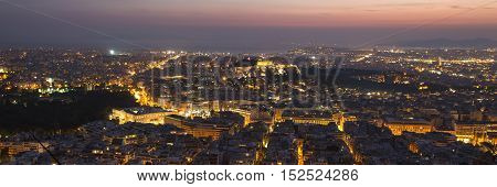 Night Athens skyline with Acropolis from Lykavittos hill, Greece