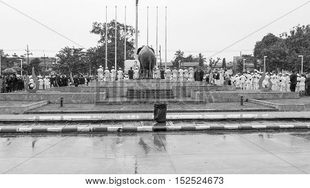 KRABI THAILAND - OCTOBER 19 2016: Krabi official pay respect to the deceased King Bhumibol Adulyadej at Krabi Provincial Hall on October 19 2016 in Krabi Thailand.