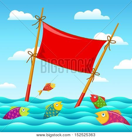 Template Sushi Roll Poster In Food Sticks On Sky And Fish In Sea Background