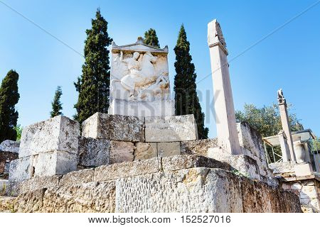 Ruins and monuments in ancient Kerameikos district in Athens, Greece