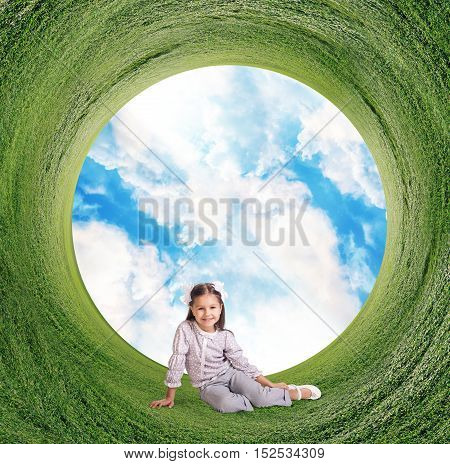 Stereographic panoramic projection of a green field and sky