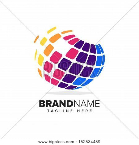 Stylized globe with pixels in motion. This logo is suitable for global company, world technologies and media agencies