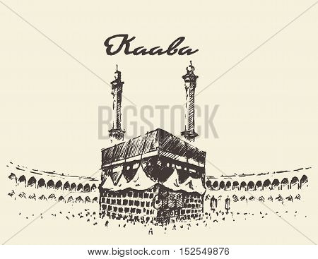 Holy Kaaba in Mecca Saudi Arabia with muslim people, vintage engraved illustration, hand drawn, sketch