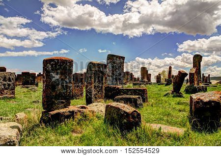 Stone slabs aha khachkar in Noratus cemetery Armenia