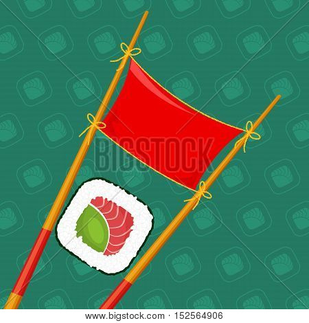 Template sushi roll poster in food sticks on textured background
