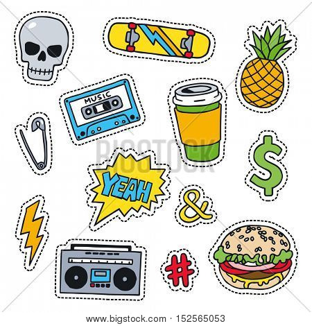 Set of masculine sketchy patches. Different trendy badges and pins. Oldschool vector pictograms in line-art style with 90's colors. Skate, mixtape, coffee and lightning bolt icons.