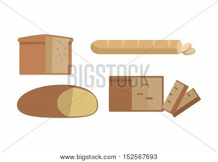 Set of different types of bread vector in flat design. Cake or bun with sliced part for baking concepts, bakery logotypes, food and healthy nutrition illustrating. Isolated on white background.