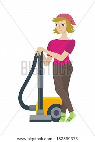 Cleaning service concept vector. Flat style design. Smiling woman character standing with vacuum cleaner. 