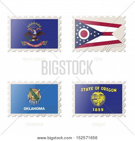 Postage Stamp With The Image Of North Dakota, Ohio, Oklahoma, Oregon State Flag.