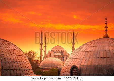 The Blue Mosque, Istanbul, Turkey. Sultanahmet Camii is one of the major attractions of the city. The photo was taken at sunset.