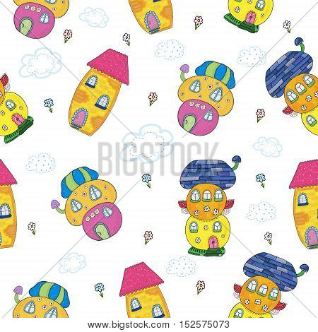 Sample comic pattern vector background. Fairytale colorful cute house in cartoon style