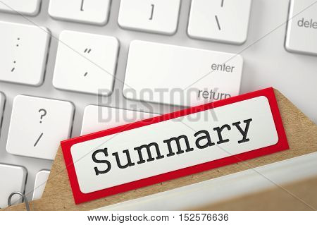 Summary written on Red Folder Index Concept on Background of Modern Laptop Keyboard. Closeup View. Selective Focus. 3D Rendering.