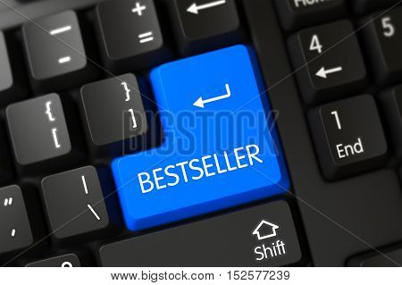 Bestseller Written on a Large Blue Key of a Black Keyboard. 3D Render.