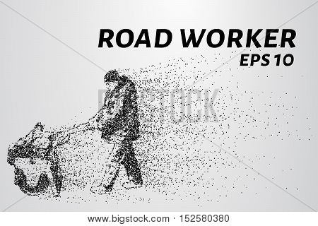 Road worker of the particles. Road worker leveled asphalt. Road work with roller.