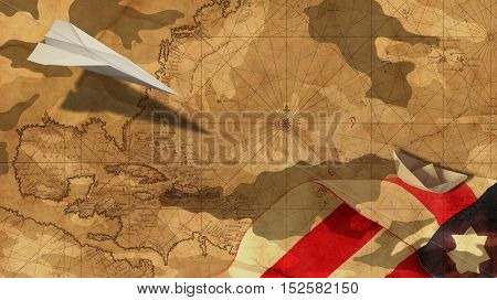 Veterans Day. Paper Airplane and Boat Flag MImetic Clouds and Usa Nautical Chart