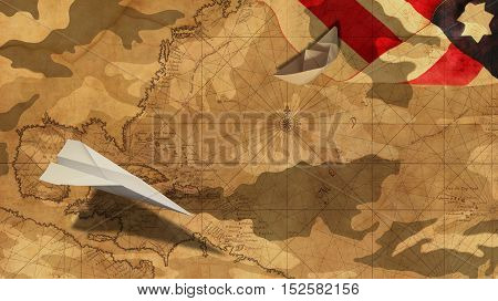 Veterans Day. Paper Airplane and Boat Usa Flag MImetic Clouds and America Nautical Chart