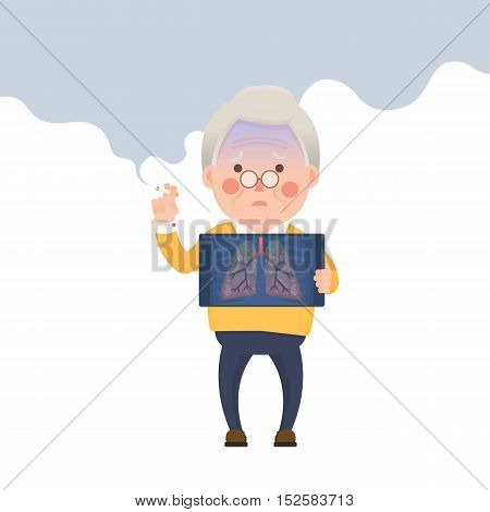 Vector Illustration of Old Man Smoking Cigarette While Holding X-ray Image Showing Lung Pulmonary Emphysema Problem, Cartoon Character
