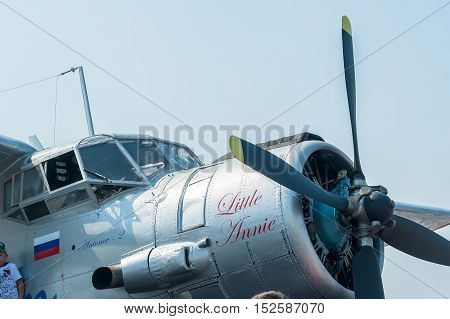 Tyumen, Russia - August 11, 2012: On visit at UTair airshow in Plehanovo heliport. AN-2 airplane on parking lot