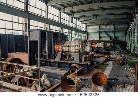 Interior of machinery of abandoned factory of synthetic rubber