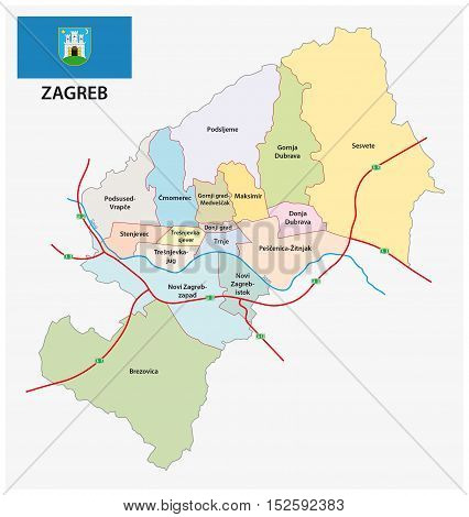 Administrative division map of croatia capital zagreb with flag
