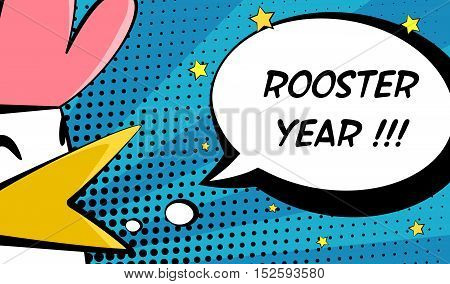 Happy Rooster Year card with and text. Comics style. Vector