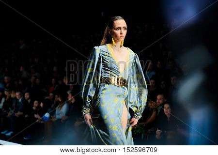 MOSCOW RUSSIA - OCTOBER 17 2016: Model walk runway for BELLA POTEMKINA catwalk at Spring-summer 2017 Mercedes-Benz Fashion Week Russia.