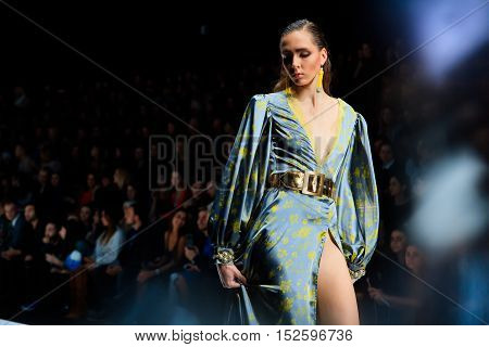 MOSCOW RUSSIA - OCTOBER 17 2016: Model walk runway for BELLA POTEMKINA catwalk at Spring-summer 2017 Mercedes-Benz Fashion Week Russia.
