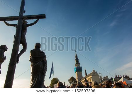 Czestochowa Poland - October 15 2016: United Atonement all-day prayer meeting people from all over Polish who repented of his sins and his compatriots before the top Jasna Gora. Tender: Leave the comfortable chairs and go ...!