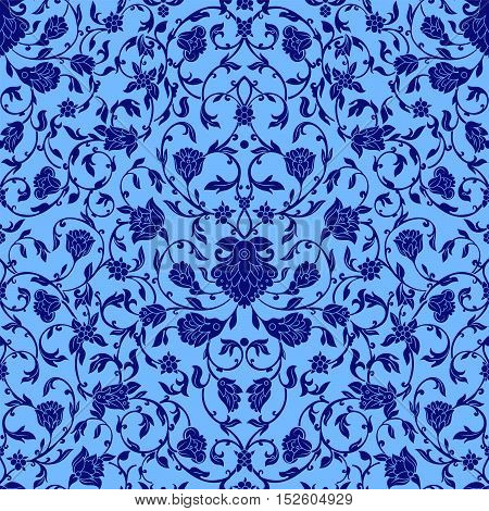 Vector intricate seamless pattern in Eastern style in bluecolor. Ornate elements for design.Inricate ornamental decoration can be used on wedding invitations and greeting cards. Traditional floral decor.