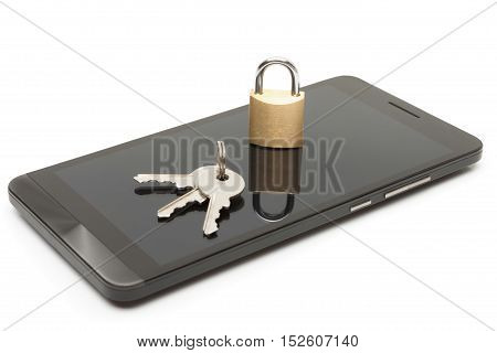 Mobile phone security and data protection concept. Smartphone with lock and keys over it