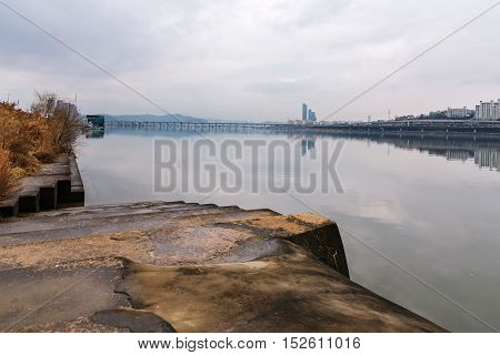 Hangang river on a foggy day in Seoul