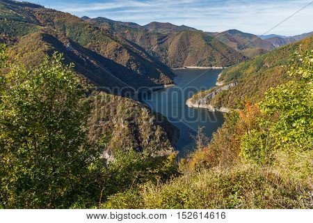 Autumn Panoramic view of Tsankov kamak Reservoir, Smolyan Region, Bulgaria