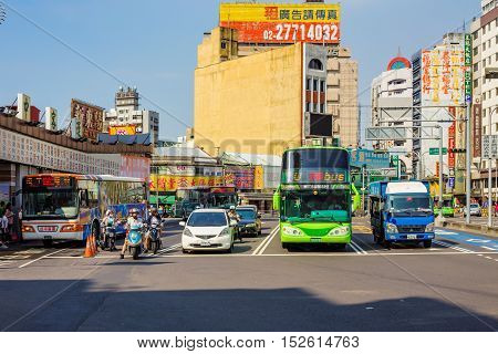 TAICHUNG TAIWAN - AUGUST 22: Busy area outside Taichung station which often has a lot of traffic and people on August 22 2014 in Taichung.