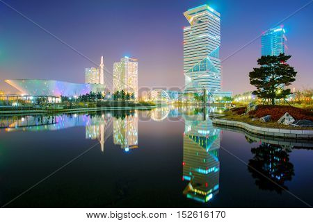 INCHEON SOUTH KOREA - FEBURARY 10: Incheon Central Park financial district is a landmark in Incheon and a popular tourist destination with many modern buildings on Feburary 10 2016 in Incheon.