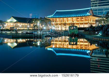 INCHEON SOUTH KOREA - FEBURARY 10: Architecture in Incheon Central Park at night time which is the center of the city's financial district and a famous landmark on Feburary 10 2016 in Incheon.