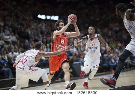 VALENCIA, SPAIN - OCTOBER 19th: San Emeterio with ball during Eurocup match between Valencia Basket and Hapoel Bank Yahav Jerusalem at Fonteta Stadium on October 19, 2016 in Valencia, Spain