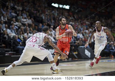 VALENCIA, SPAIN - OCTOBER 19th: San Emeterio with ball during Eurocup match between Valencia Basket and Hapoel Bank Yahav Jerusalem at Fonteta Stadium on October 19, 2016 in Valencia, Spain