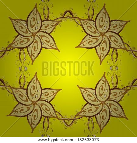 Seamless abstract pattern on yellow background with floral golden elements. Vector illustration. Pattern background.