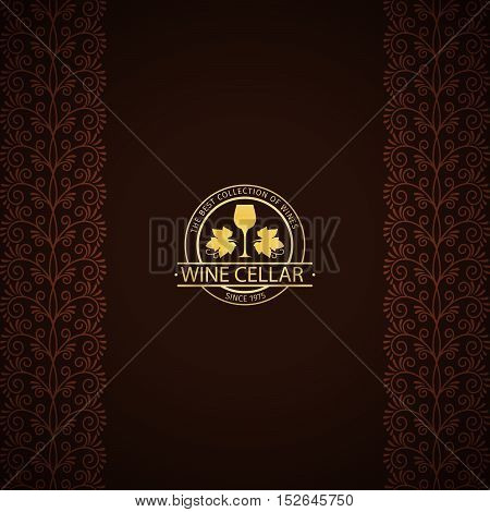 Wine cellar decorative card with golden logo and ornamental vertical borders. Vector illustration