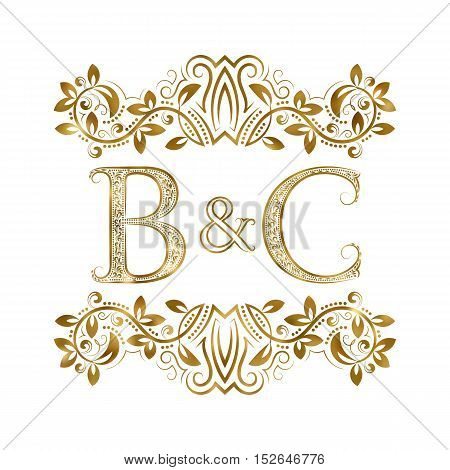 B&C vintage initials logo symbol. Letters B C ampersand surrounded floral ornament. Wedding or business partners initials monogram in royal style.