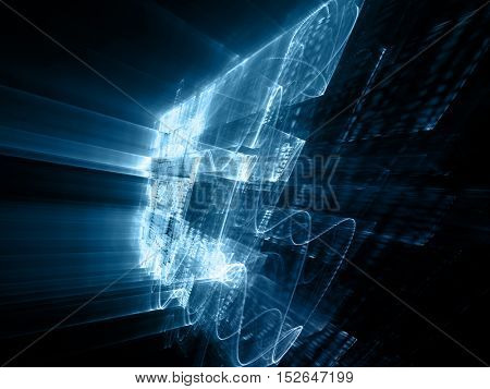 Abstract background element. Three-dimensional composition of wave shapes, grids and beams. Science and technology concept. Blue and black colors.