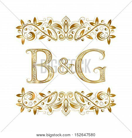 B&G vintage initials logo symbol. Letters B G ampersand surrounded floral ornament. Wedding or business partners initials monogram in royal style.